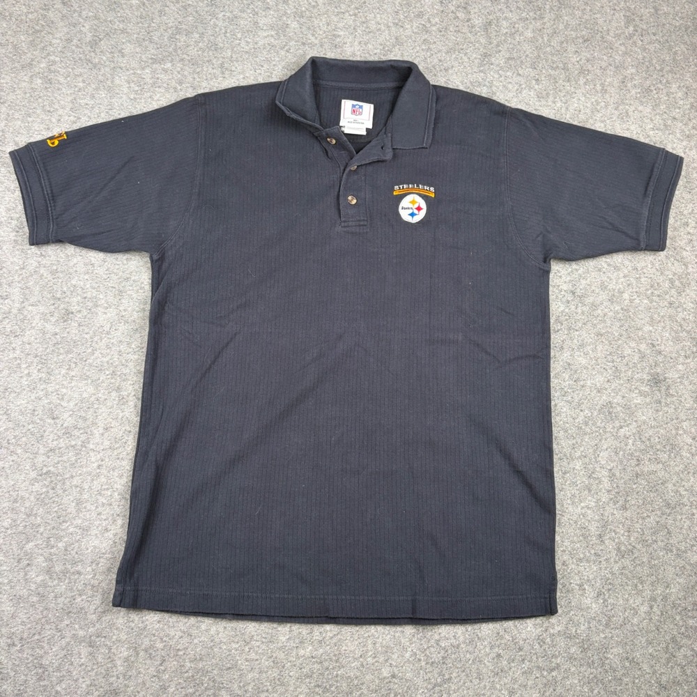 NFL Pittsburgh Steelers Polo Shirt Mens Large Black Embroidered Ribbed Cotton